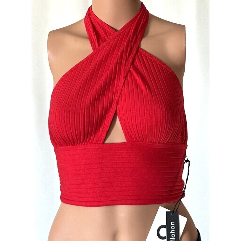 Callahan Revolve Mimi Tank Womens XS Red Knitwear Cross Front Ribbed Halter Crop